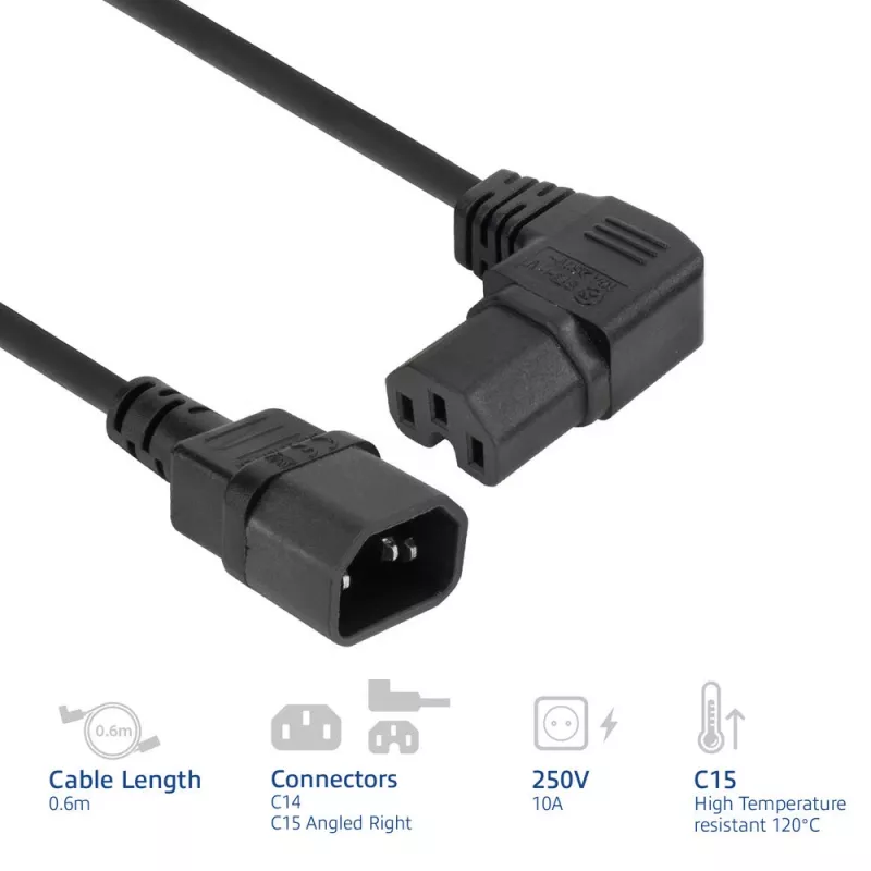 ACT barošanas vads C14 - C15 (leņķa pa labi) IEC60320 melns 0.6 m