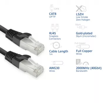 ACT Cat8 U/FTP (STP) tīkla kabelis FB8101 — 1 m, RJ-45 uz RJ-45, melns