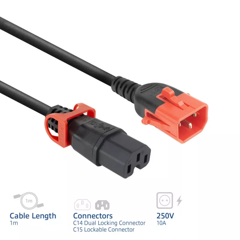 ACT Powercord C14 IEC Lock+ Dual Locking - C15 IEC Lock+ melns 1 m, PC3868