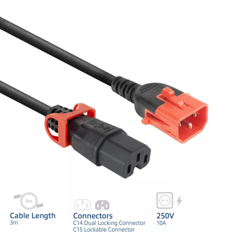 ACT Powercord C14 IEC Lock+ Dual Locking - C15 IEC Lock+ melns 3 m, PC3876