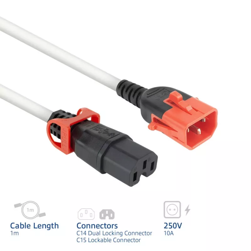 ACT barošanas vads C14 IEC Lock+ Dual Locking - C15 IEC Lock+ balts 1 m, PC3871
