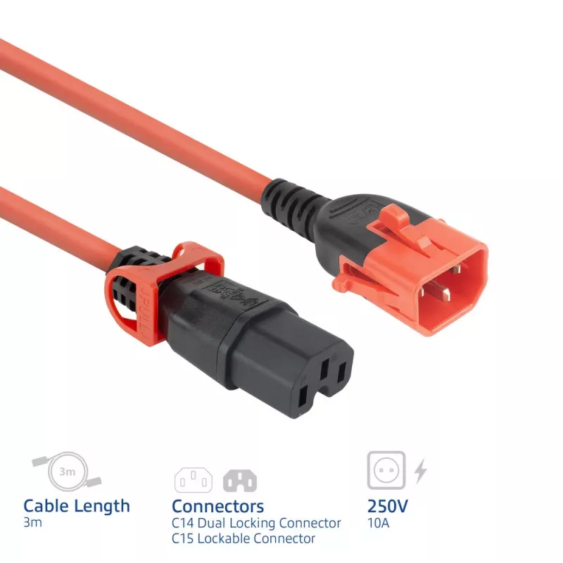 Powercord ACT C14 IEC Lock+ Dual Locking uz C15 IEC Lock+ sarkans, 3 m, 250V 10A