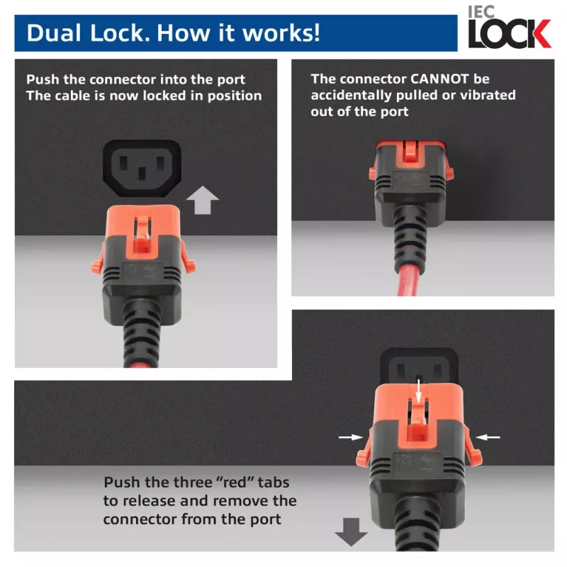 Powercord ACT C14 IEC Lock+ Dual Locking uz C15 IEC Lock+ sarkans, 3 m, 250V 10A