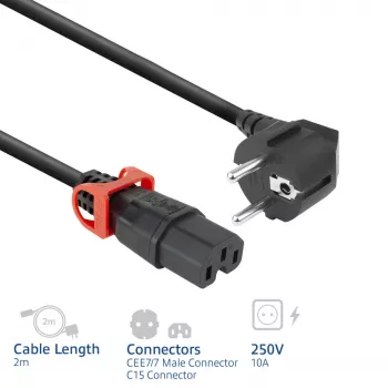 ACT strāvas vads CEE 7/7 vīrišķais (leņķveida) - C15 IEC Lock+ melns 2 m, EL604S