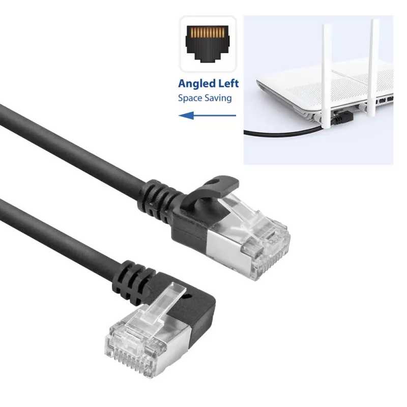ACT Melns 1 m U/FTP CAT6A LSZH plāns komutācijas kabelis ar RJ45 savienotājiem 90° leņķī pa kreisi uz taisnu