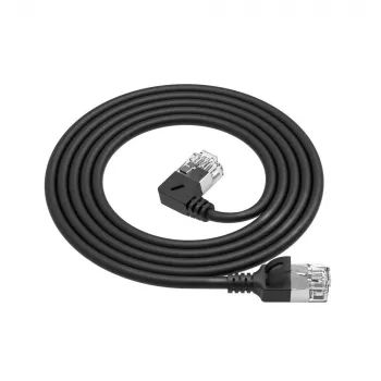 ACT Melns 3 m U/FTP CAT6A LSZH Slimline komutācijas kabelis ar RJ45 savienotājiem 90° leņķī pa kreisi uz taisnu