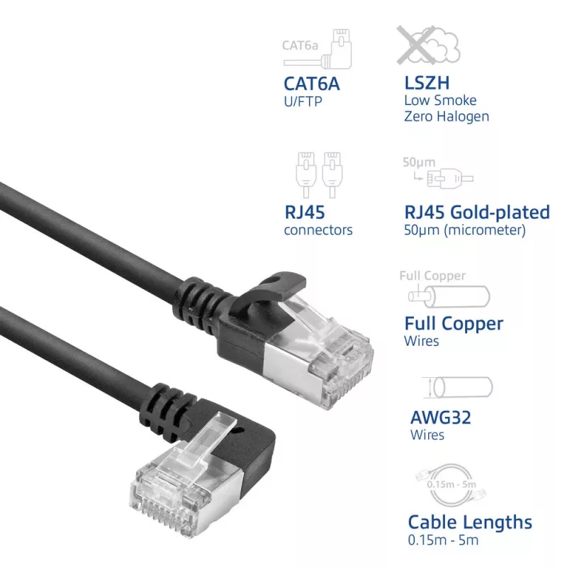 ACT Melns 3 m U/FTP CAT6A LSZH Slimline komutācijas kabelis ar RJ45 savienotājiem 90° leņķī pa kreisi uz taisnu
