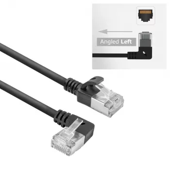 ACT melns 0,15 m U/FTP CAT6A LSZH plāns komutācijas kabelis ar RJ45 savienotājiem 90° leņķī pa kreisi pret taisnu