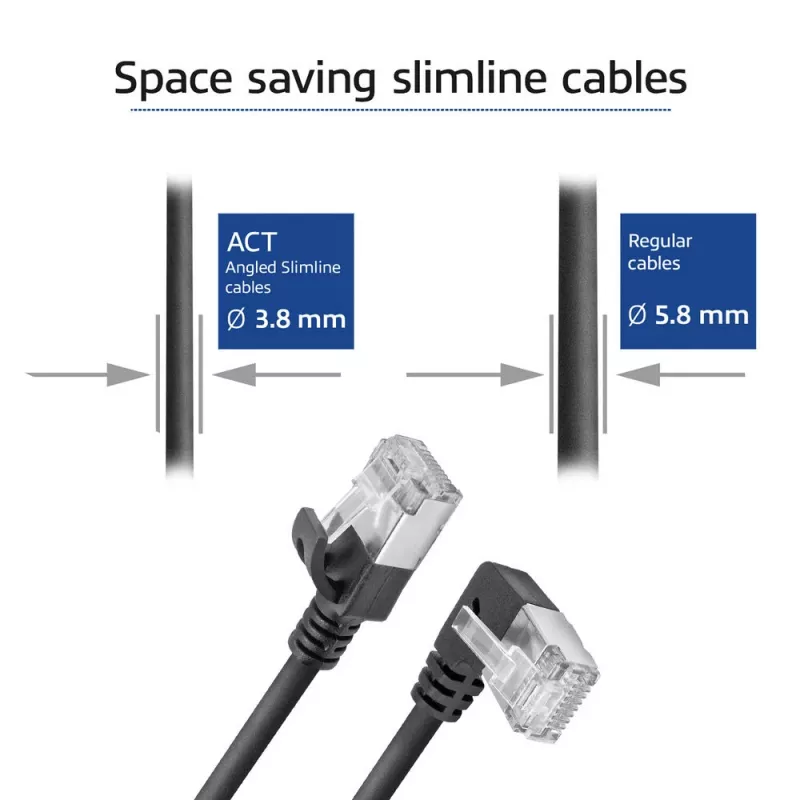 ACT melns 0,15 m U/FTP CAT6A LSZH plāns komutācijas kabelis ar RJ45 savienotājiem 90° leņķī pa kreisi pret taisnu