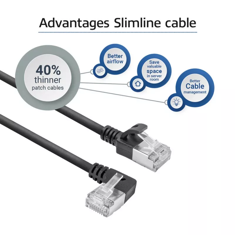 ACT melns 0,15 m U/FTP CAT6A LSZH plāns komutācijas kabelis ar RJ45 savienotājiem 90° leņķī pa kreisi pret taisnu
