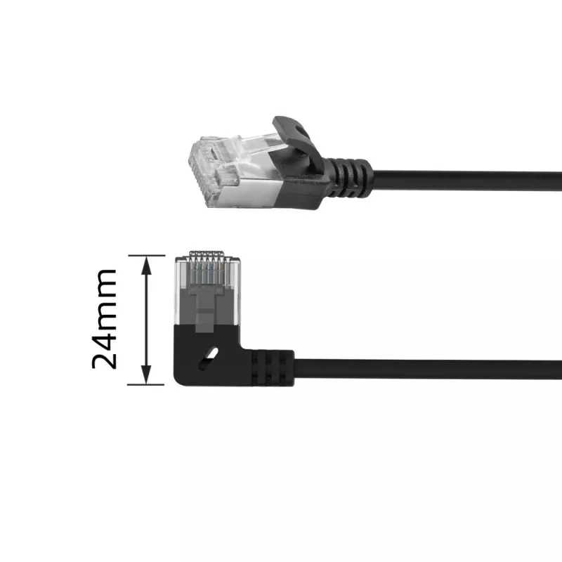ACT melns 1,5 m U/FTP CAT6A LSZH plānais komutācijas kabelis ar RJ45 savienotājiem 90° leņķī pa kreisi pret taisnu