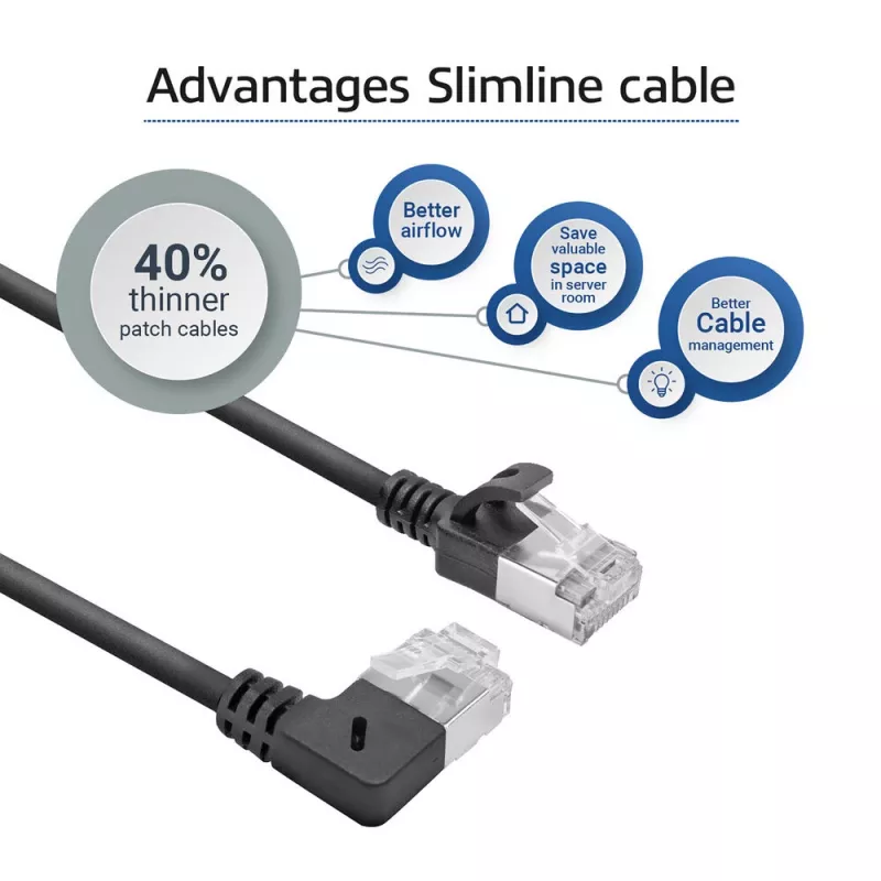 ACT melns 0,5 m U/FTP CAT6A LSZH plāns komutācijas kabelis ar RJ45 savienotājiem 90° leņķveida pa labi – taisns