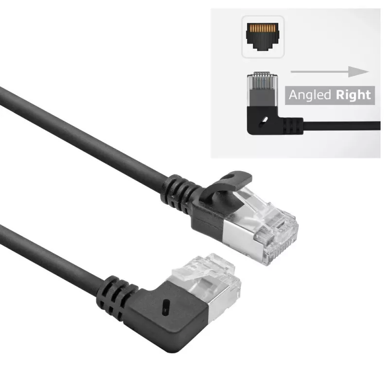 ACT melns 3 m U/FTP CAT6A LSZH plāns komutācijas kabelis ar RJ45 savienotājiem - 90° leņķī pa labi pret taisnu