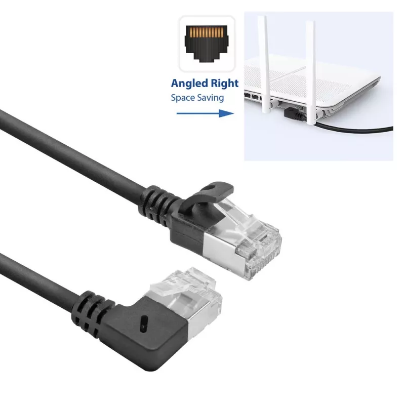 ACT melns 3 m U/FTP CAT6A LSZH plāns komutācijas kabelis ar RJ45 savienotājiem - 90° leņķī pa labi pret taisnu