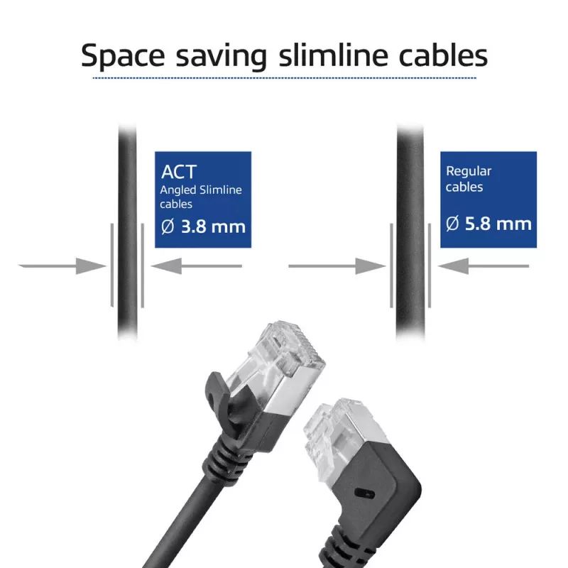 ACT melns 3 m U/FTP CAT6A LSZH plāns komutācijas kabelis ar RJ45 savienotājiem - 90° leņķī pa labi pret taisnu
