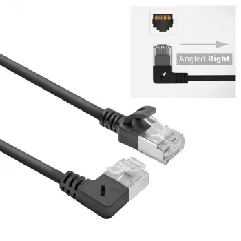 ACT melns 5 m U/FTP CAT6A LSZH plānais komutācijas vads ar RJ45 savienotājiem, 90° leņķī pa labi pret taisnu
