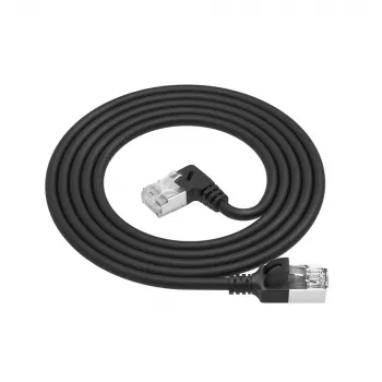 ACT melns 1,5 m U/FTP CAT6A LSZH plāns ielāpu vads ar RJ45 savienotājiem, 90° leņķī pa labi uz taisnu