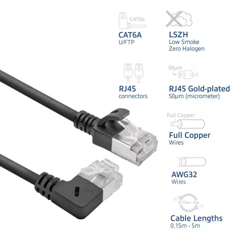 ACT melns 1,5 m U/FTP CAT6A LSZH plāns ielāpu vads ar RJ45 savienotājiem, 90° leņķī pa labi uz taisnu