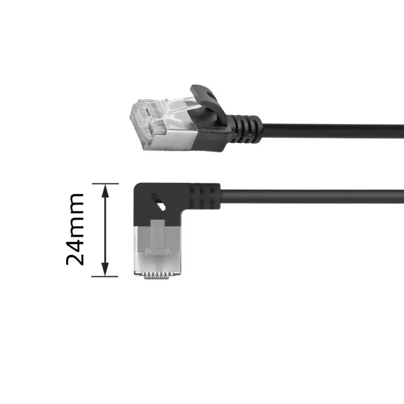 ACT melns 1,5 m U/FTP CAT6A LSZH plāns ielāpu vads ar RJ45 savienotājiem, 90° leņķī pa labi uz taisnu