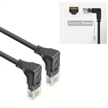 ACT melns 0,15 metru U/UTP CAT6A LSZH plānā kabeļa ielāps ar RJ45 savienotājiem 90° leņķī uz leju abos galos