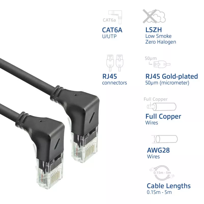 ACT melns 0,15 metru U/UTP CAT6A LSZH plānā kabeļa ielāps ar RJ45 savienotājiem 90° leņķī uz leju abos galos