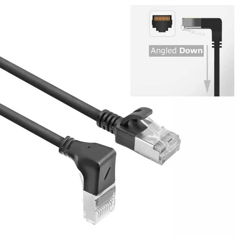 ACT Melns 3 m U/FTP CAT6A LSZH plāna plākstera vads ar RJ45 savienotājiem 90° leņķī uz taisno