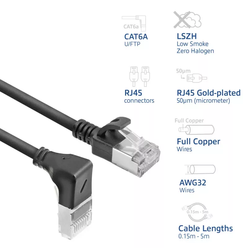 ACT melns 5 m U/FTP CAT6A LSZH plāns komutācijas kabelis ar RJ45 savienotājiem 90° leņķī uz leju pret taisnu