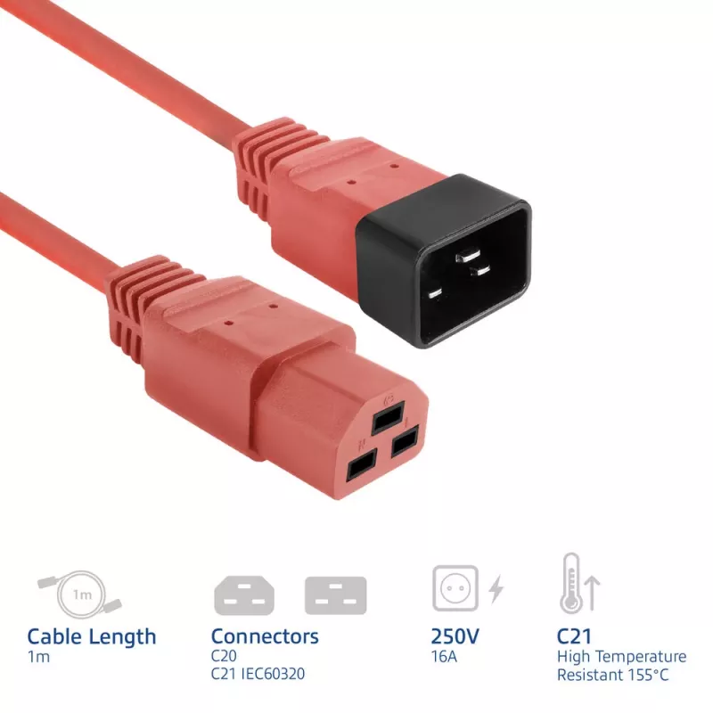Strāvas vads ACT C20–C21 IEC60320 sarkans 1 m, 250 V 16 A