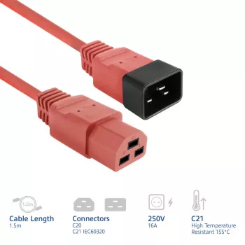 Strāvas vads ACT C20–C21 IEC60320, sarkans, 1,5 m, 250 V 16 A