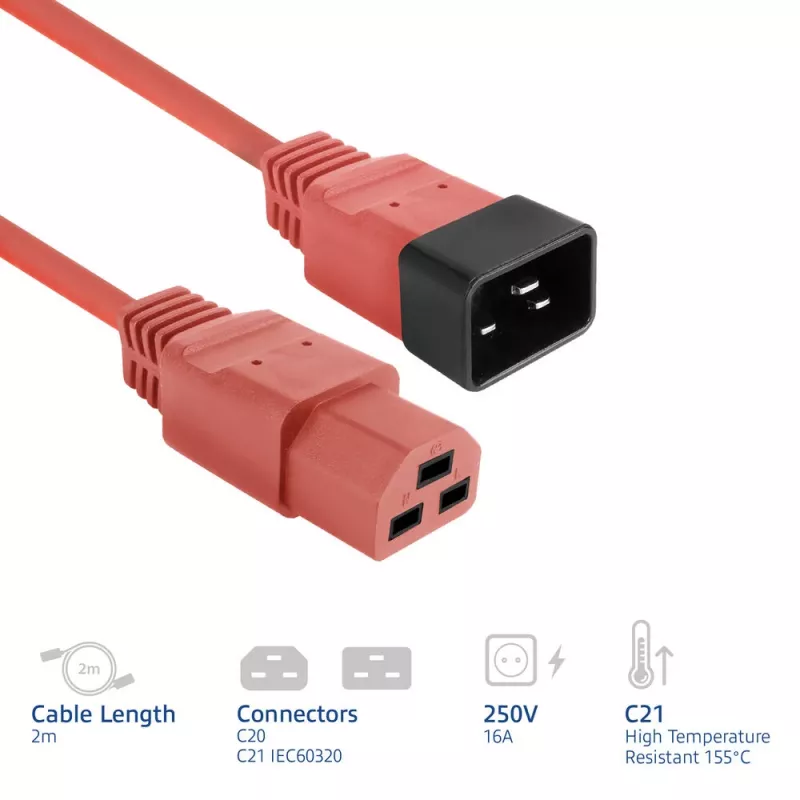 Powercord ACT C20–C21 IEC60320 sarkans 2 m, 16 A 250 V