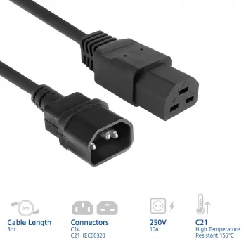 Strāvas vads ACT C14 uz C21 IEC60320 melns 3 m, 250 V 10 A
