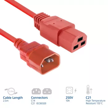 Strāvas vads ACT C14 uz C21 IEC60320 sarkans 2,5 m, 250 V 10 A