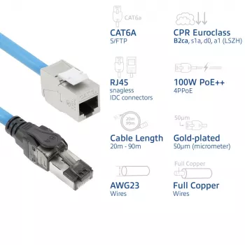 ACT Blue 80 metri S/FTP CAT6A B2ca PoE++ 100W cieta rūpnieciski sagatavota instalācijas vada, RJ45 vīrišķais – sievišķais