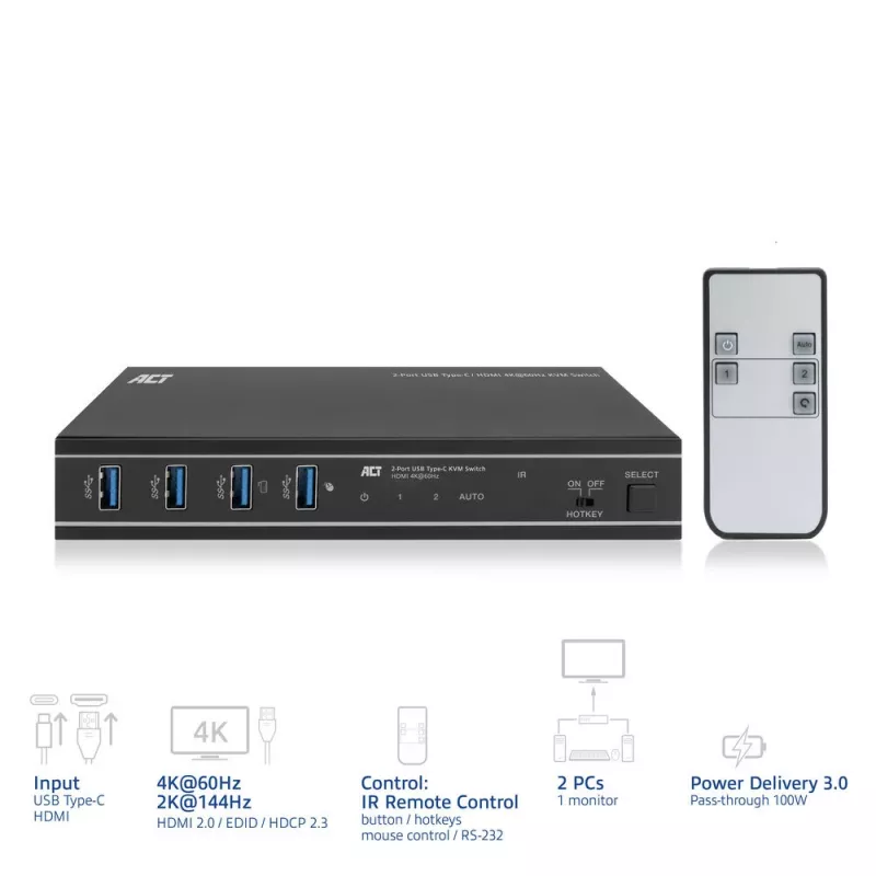 KVM slēdzis ACT 2-portu USB-C/HDMI 4K@60Hz AC7922 ar USB tastatūru/peli, HDMI video, 100W PD