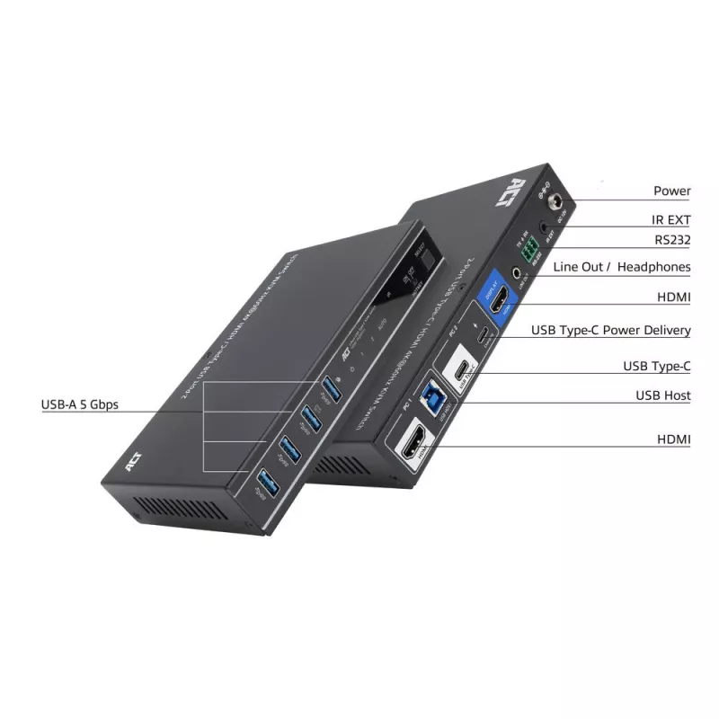 KVM slēdzis ACT 2-portu USB-C/HDMI 4K@60Hz AC7922 ar USB tastatūru/peli, HDMI video, 100W PD