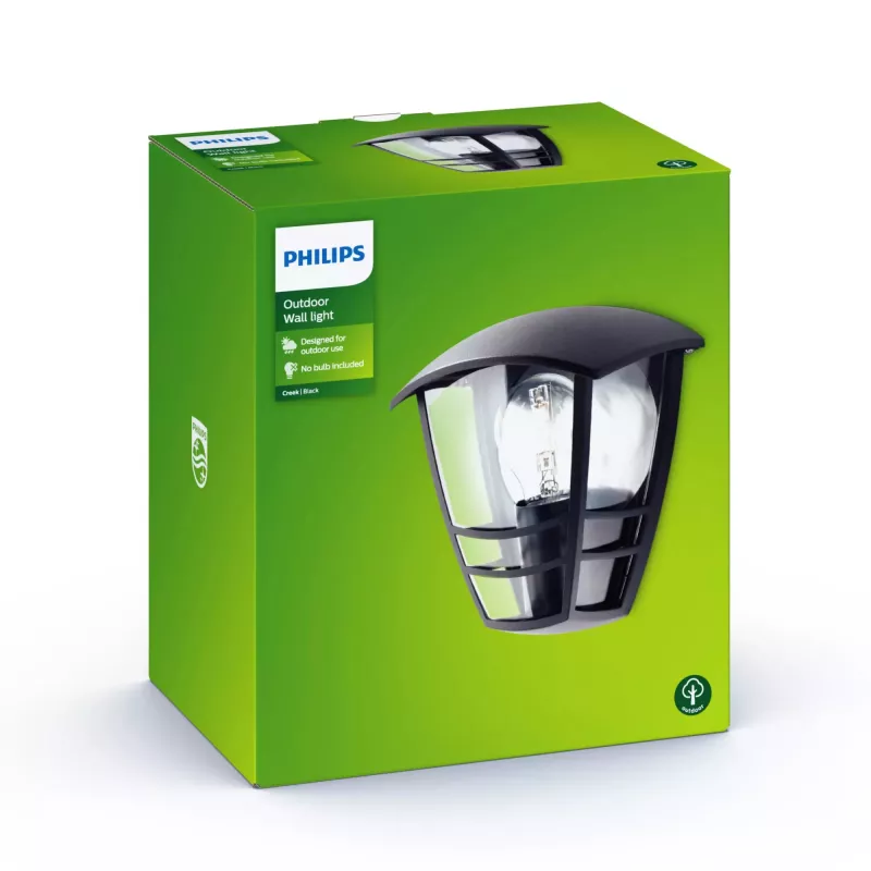 Philips myGarden Creek sienas gaismeklis 60W E27 bez spuldzes, āra sienas apgaismojums, melns, metāls, IP44, dārzs, terase, II