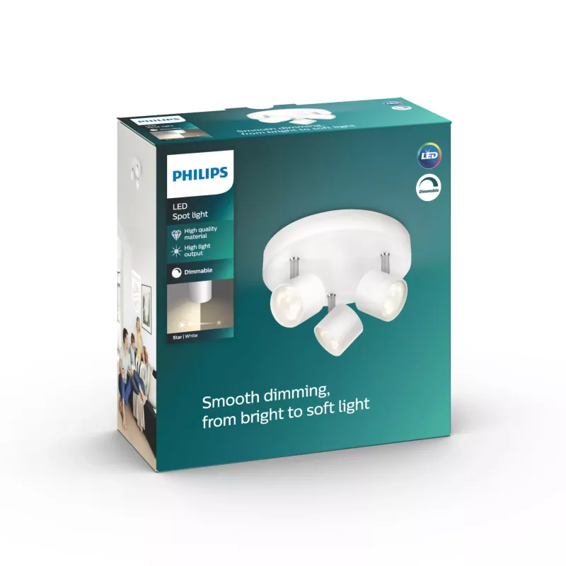 Griestu/sienas prožektors Philips Dimmable LED Star 3x 16,5 W, 2700 K, 1500 lm, IP20, Balts