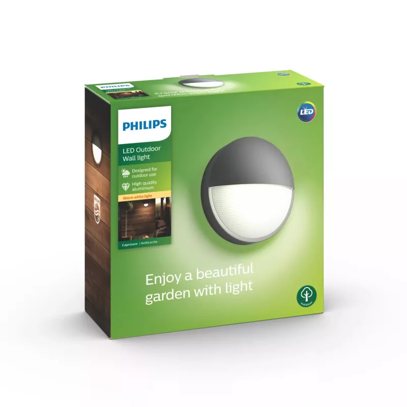 Āra sienas gaismeklis Philips myGarden Capricorn 5,5W LED antracīta krāsā, alumīnija korpuss, fiksēta spuldze, 214×78×214 mm