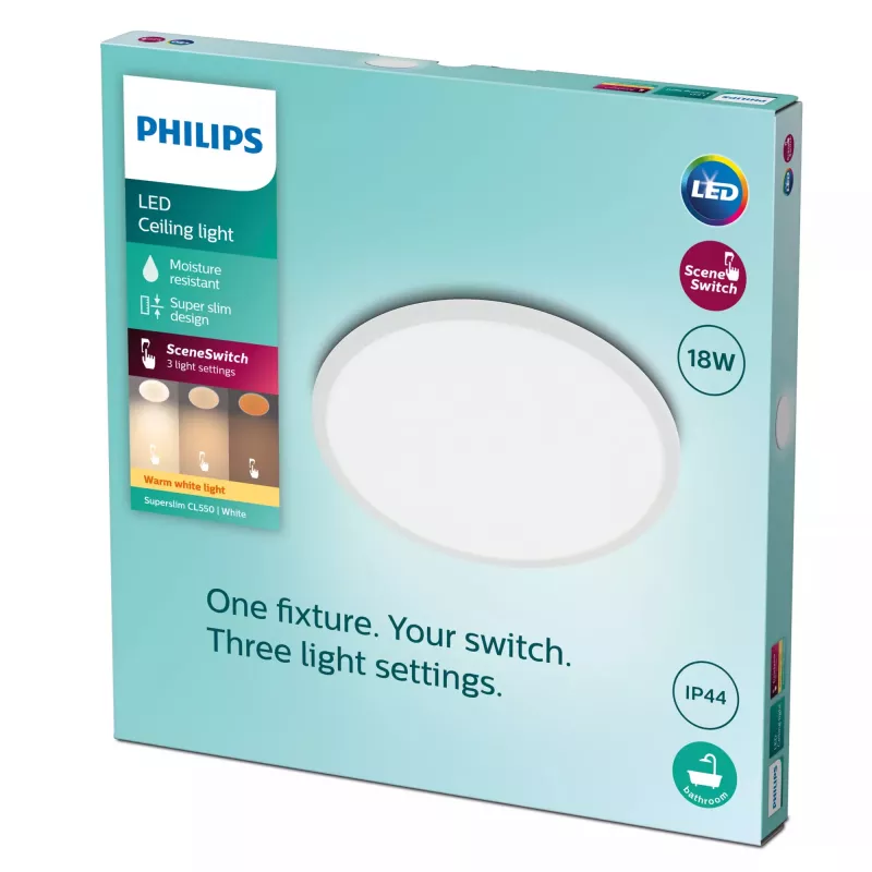 Griestu gaismeklis Philips Functional Super plāns 18 W LED, apaļš, balts, nenomaināms spuldzes modulis, 220–240 V