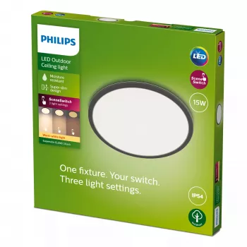 Philips Superslim Griestu Gaisma 15W, Melna, Metāls, Plastmasa, IP54, Terase, Dārzs, II, Mūsdienīga