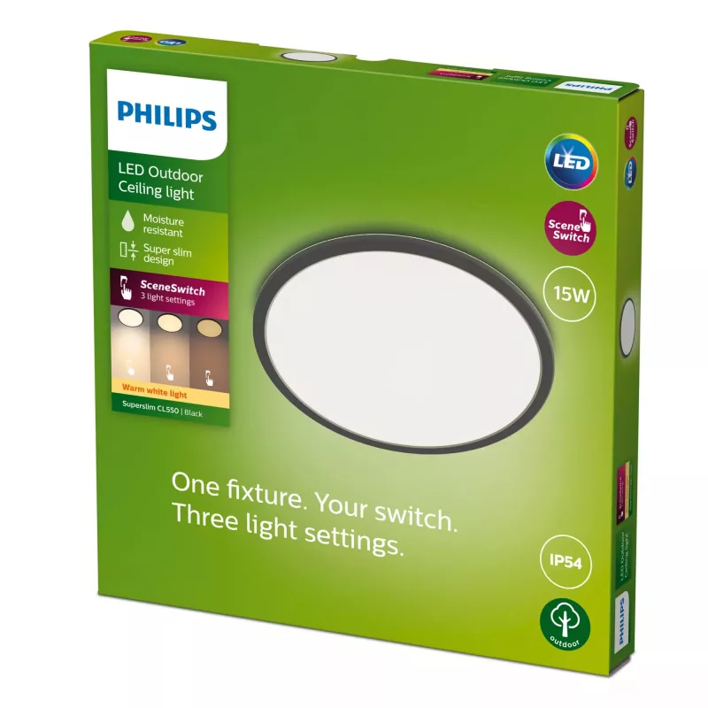 Philips Superslim Griestu Gaisma 15W, Melna, Metāls, Plastmasa, IP54, Terase, Dārzs, II, Mūsdienīga