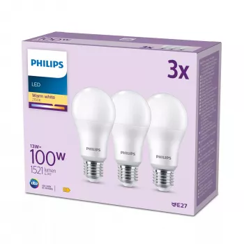 Philips spuldze 100 W A65 E27 x3, 13 W, 100 W, E27, 1521 lm, 15000 h, Silti balta