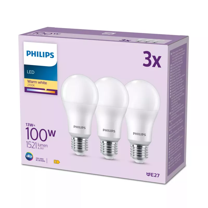 Philips spuldze 100 W A65 E27 x3, 13 W, 100 W, E27, 1521 lm, 15000 h, Silti balta