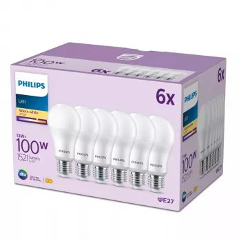 Philips Bulb 100W A65 E27 x6, 13 W, 100 W, E27, 1521 lm, 15000 h, Silti balta
