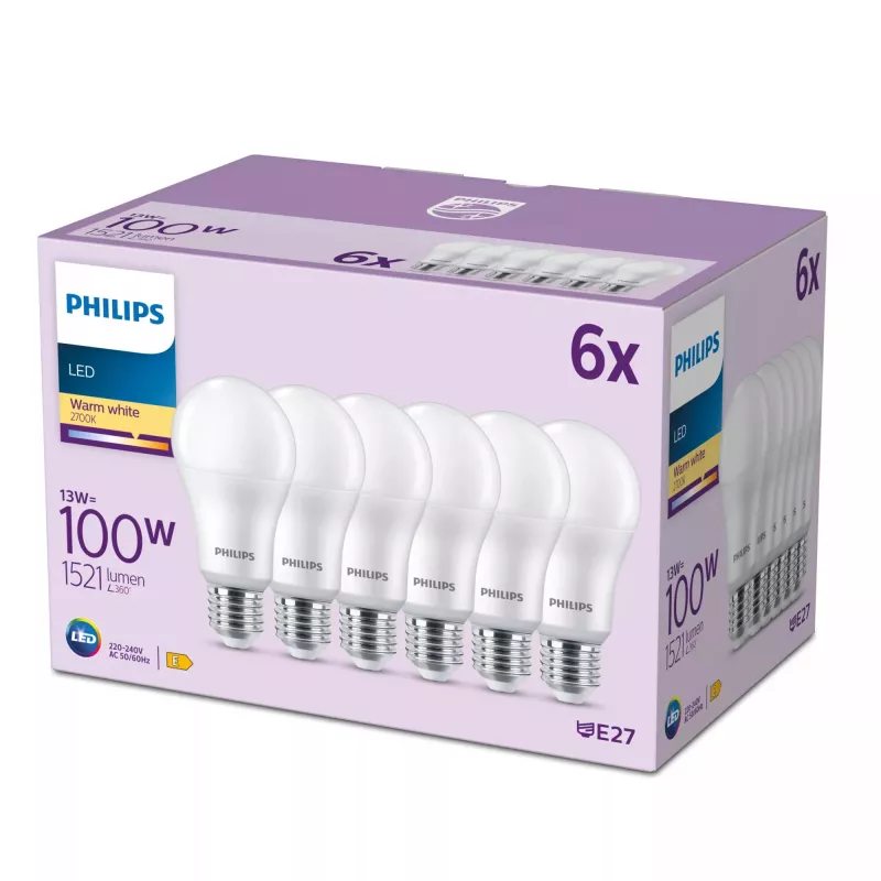 Philips Bulb 100W A65 E27 x6, 13 W, 100 W, E27, 1521 lm, 15000 h, Silti balta