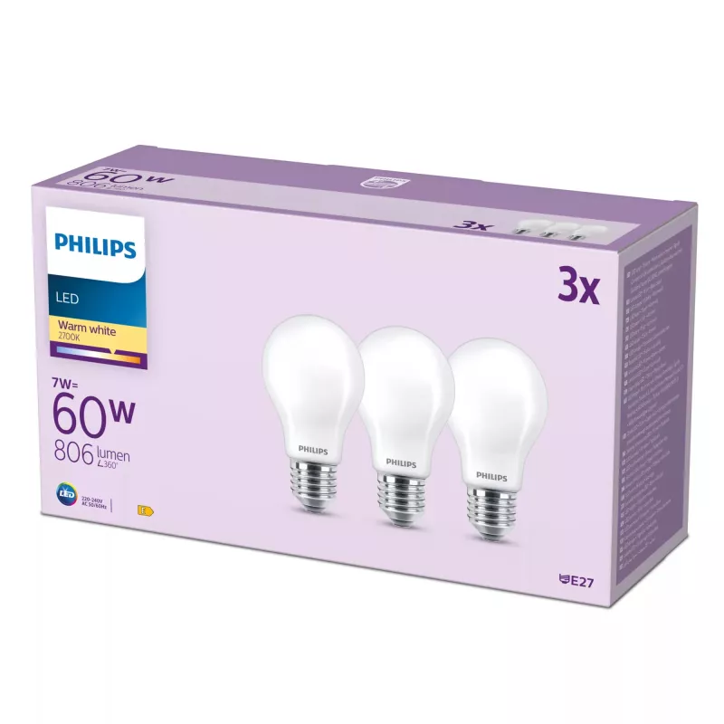 Philips Filament Bulb Frosted 60W A60 E27 x3, 7 W, 60 W, E27, 806 lm, 15000 h, silti balta