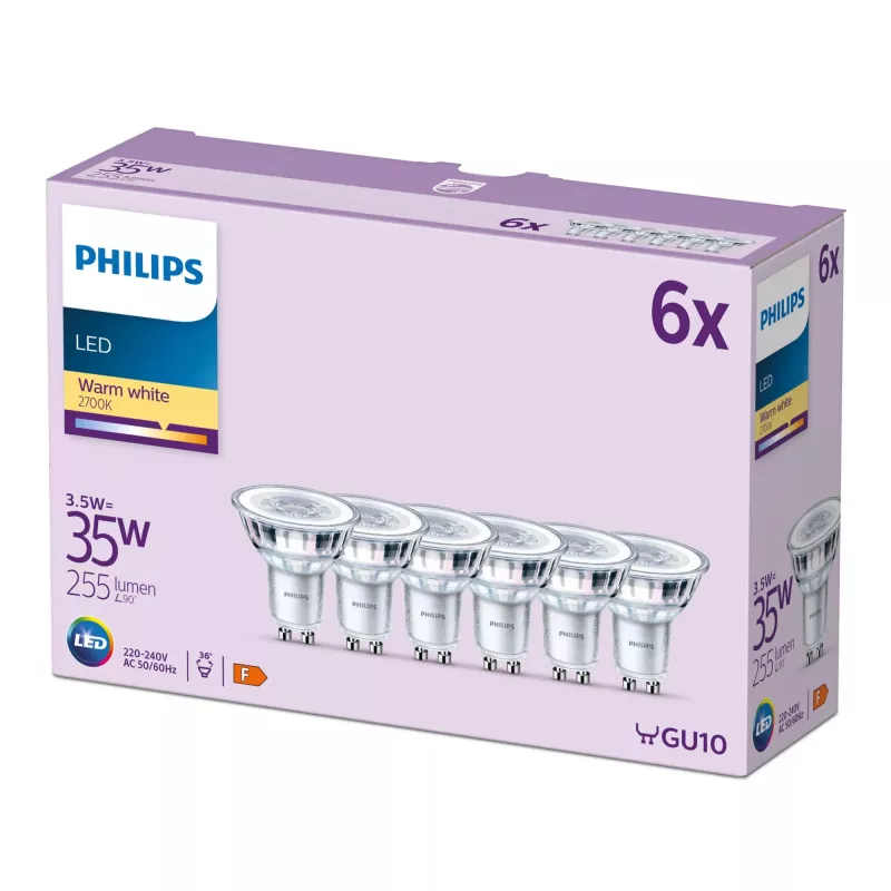 Philips Spot 35W PAR16 GU10 x6, 3,5 W, 35 W, GU10, 255 lm, 15000 h, silti balts