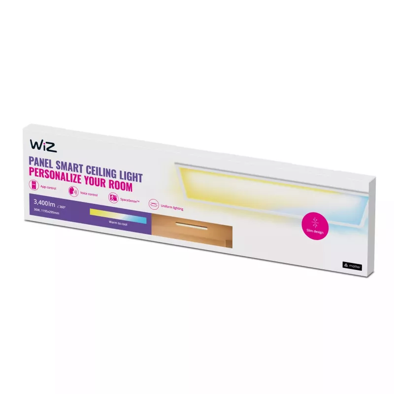 Griestu LED panelis Signify WiZ Panel Ceiling 36 W taisnstūrveida — 36 W, Wi‑Fi/Bluetooth, 220–240 V, balts