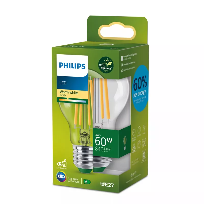 Philips kvēldiega spuldze dzidra 60W A60 E27, 4 W, 60 W, E27, 840 lm, 50000 h, silti balta