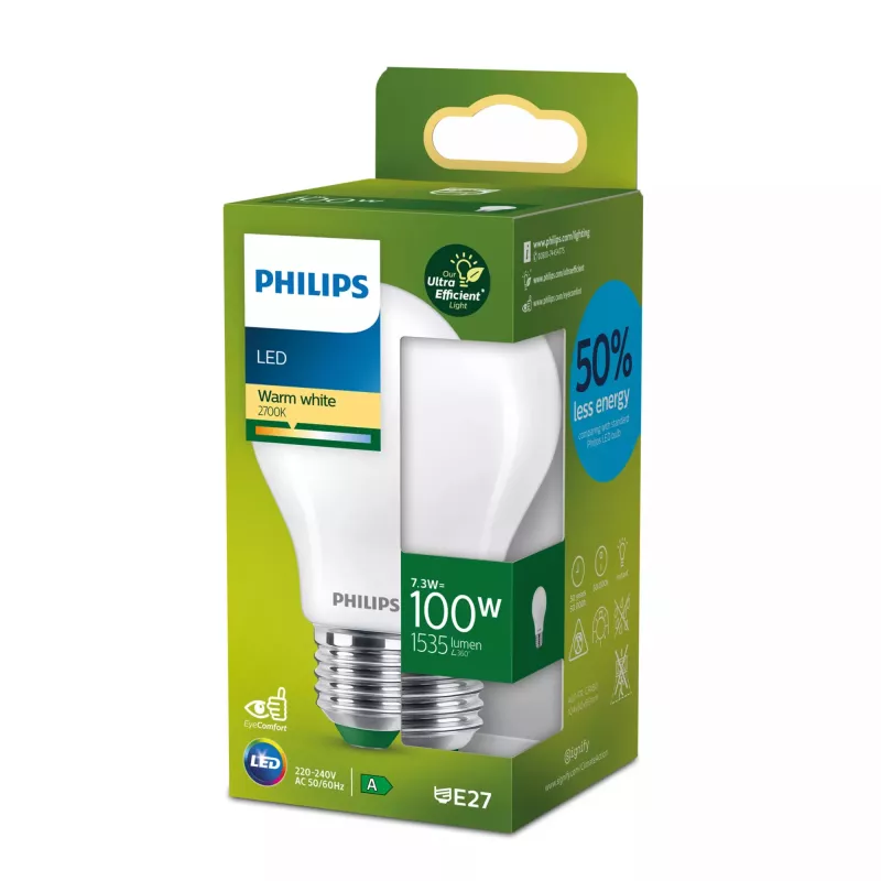 Philips Filament Bulb Frosted 100W A60 E27, 7.3 W, 100 W, E27, 1535 lm, 50000 h, silta balta